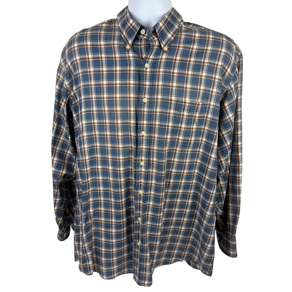 Kirkland Signature Men's XL Blue Brown Plaid Non-Iron Button-Down Shirt 997151 - Picture 1 of 8